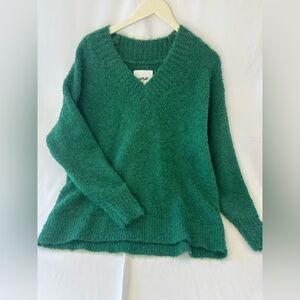 Aerie Teddy Oversized Off duty V Neck Sweater Green Size S Soft Fuzzy